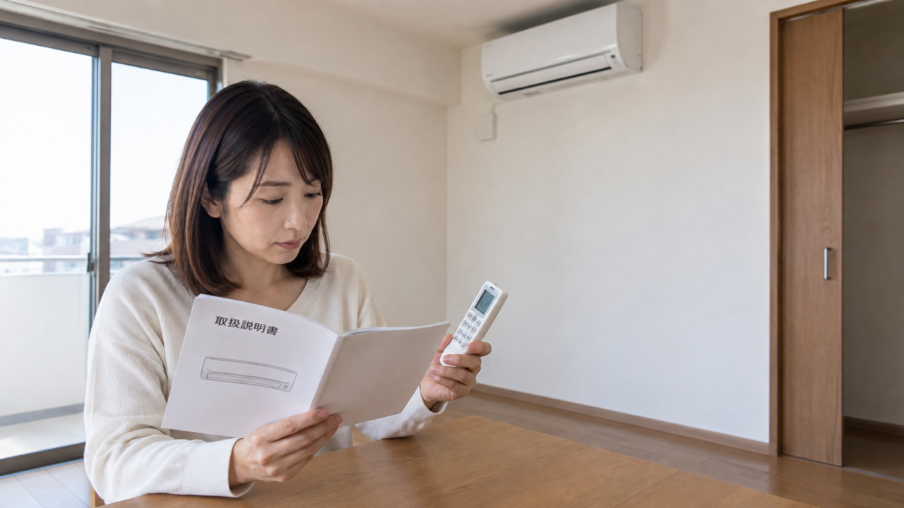 日本の住宅で住民が卓上のエアコンの取扱説明書とリモコンを確認し、背景に壁掛けエアコン、掃除作業なし