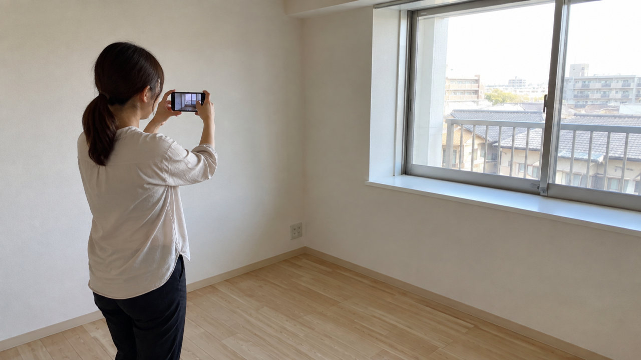 日本の空き部屋で窓台と壁を住民が離れて撮影する