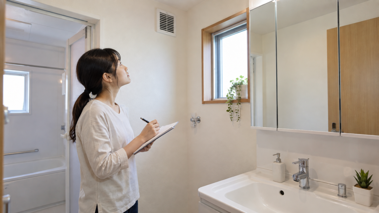 日本の住宅の洗面所で住民が換気口と水回りを見てメモをとる、分解なし