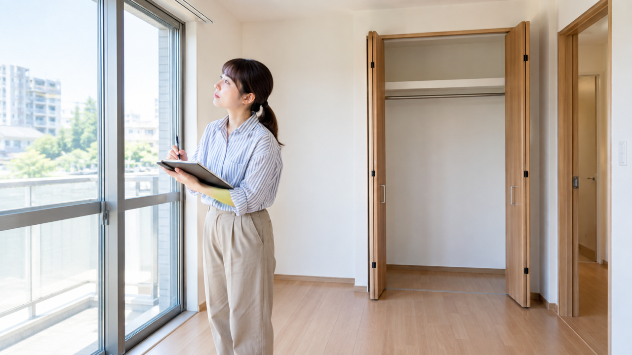 再使用を始めた日本の明るい部屋で住民が窓と収納の点検ノートを記入する