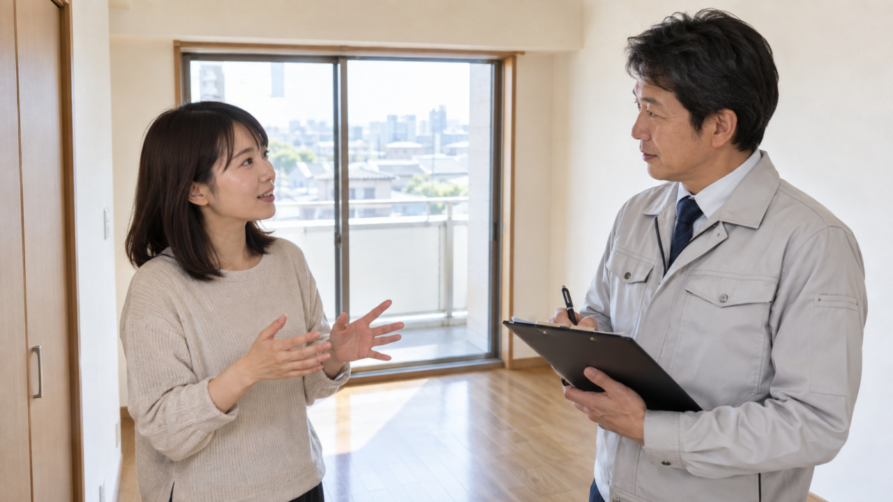 日本のリビングで住民が空き部屋の再使用について担当者へ質問メモを見せる