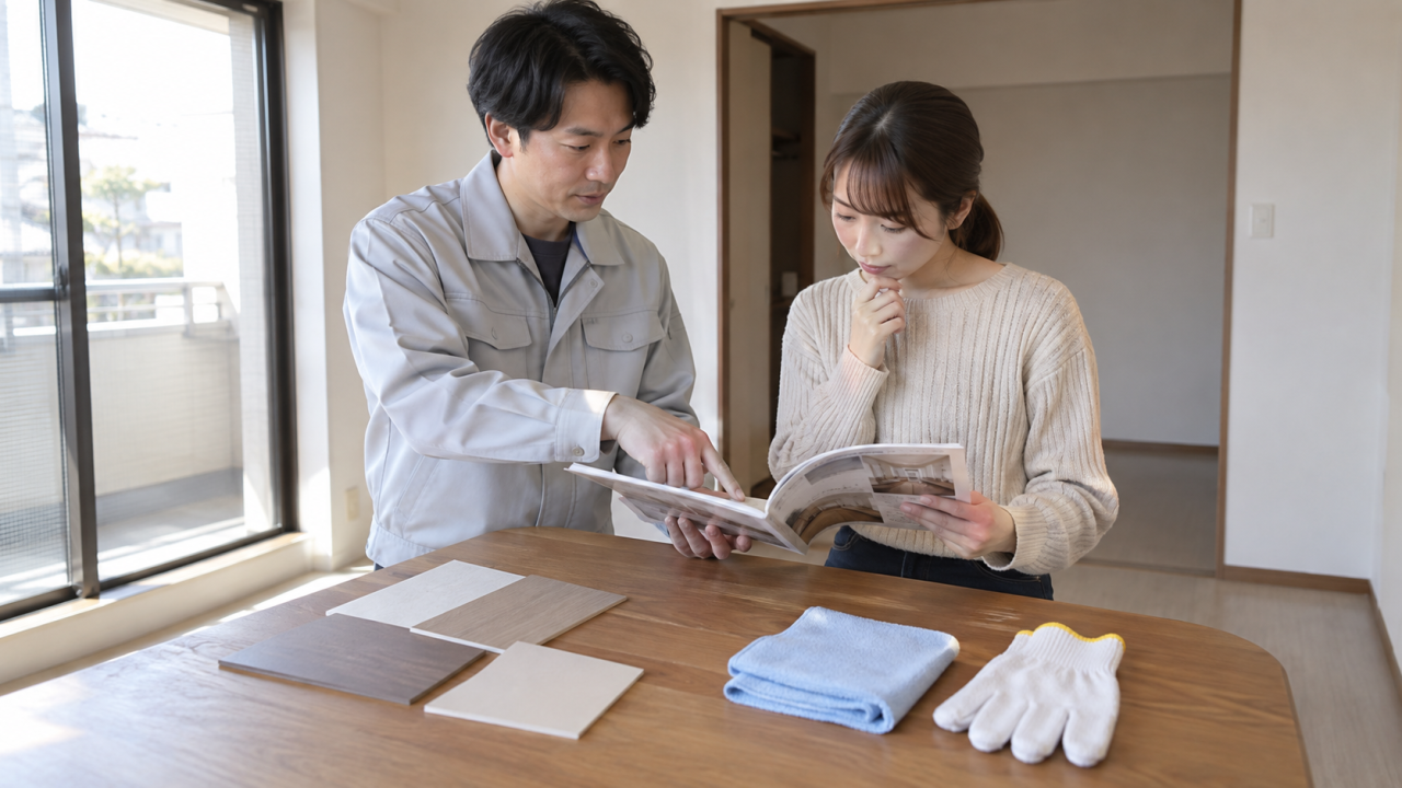 日本の机に素材サンプル、清掃用クロス、手袋、製品説明書があり住民が読む、薬剤噴霧なし