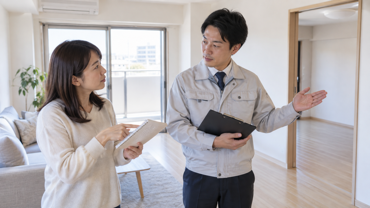 日本の住宅で住民が部屋の使用開始予定を調査担当者へ説明する