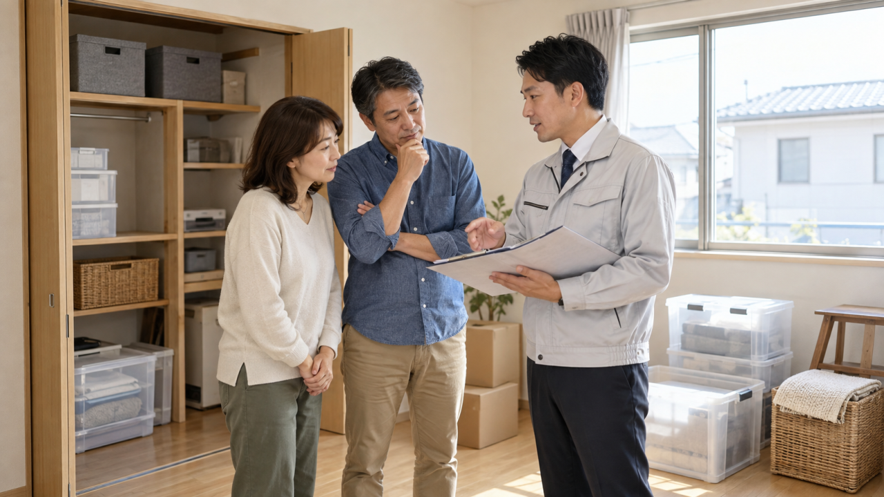 日本の住宅で担当者と夫婦が収納箱のある部屋の片付けと見積書を相談する