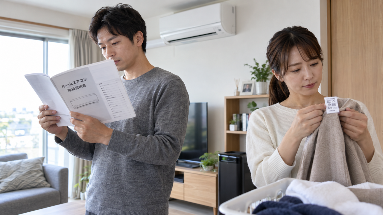 日本の住宅で住民がエアコンの説明書と衣類の取扱表示をそれぞれ確認する