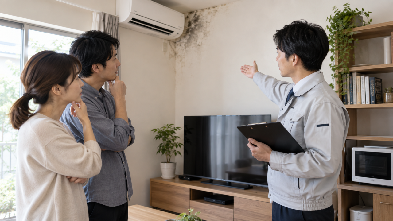 日本の住宅で夫婦が壁と家具と家電の手入れについて担当者と相談する