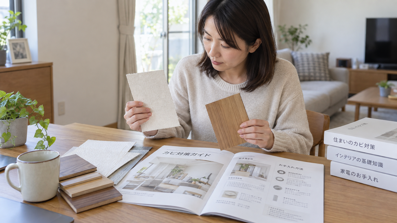 日本の住宅の机で住民が壁紙見本と木製家具の木目サンプルと説明書を比べる