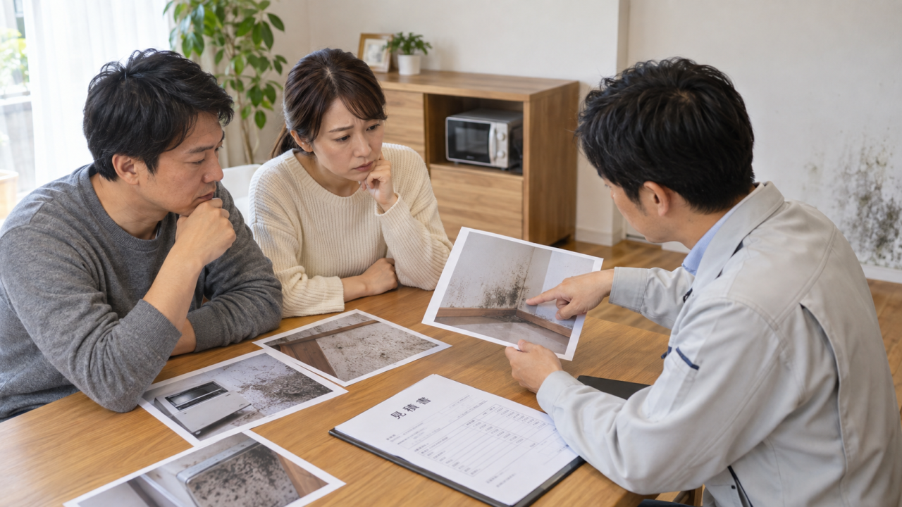 日本のダイニングで住民と相談担当者が家具と壁の写真および見積書を比較する