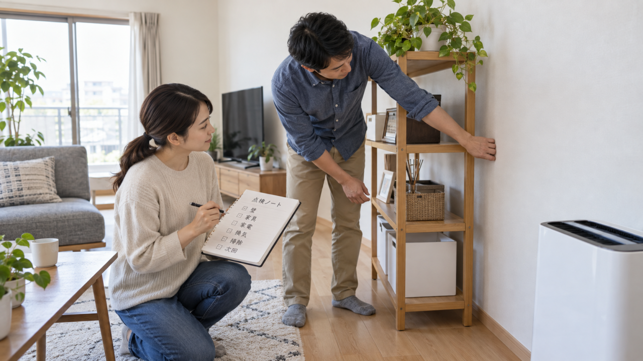 日本のリビングで夫婦が壁から余裕をもたせた棚の配置と点検ノートを確認する