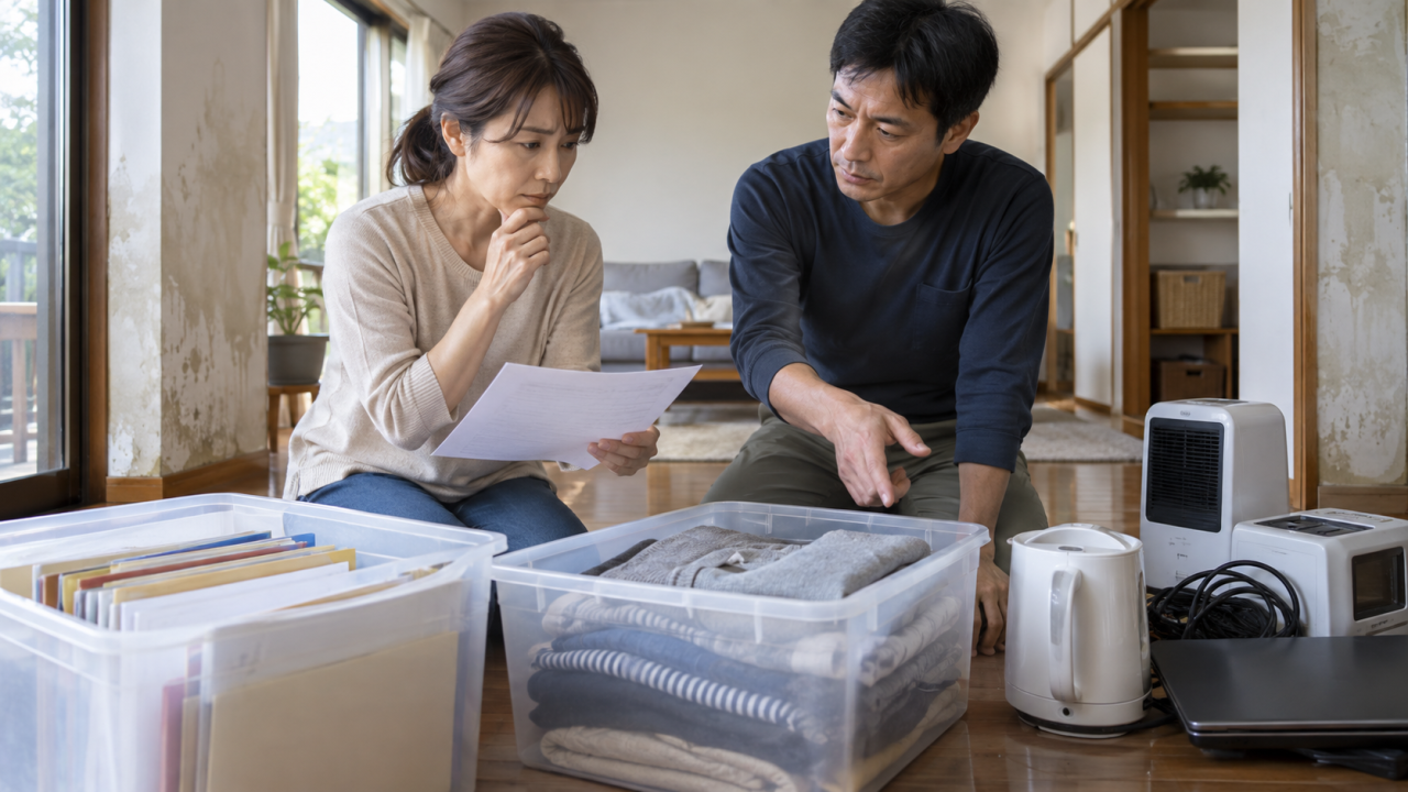 書類と衣類と小型家電の保管について相談する夫婦