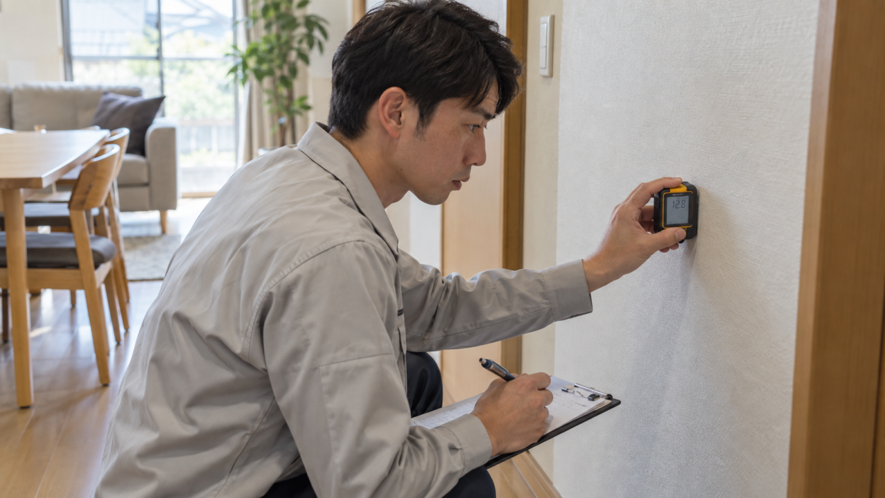 水分計で壁面を測定し位置を記録する調査担当者
