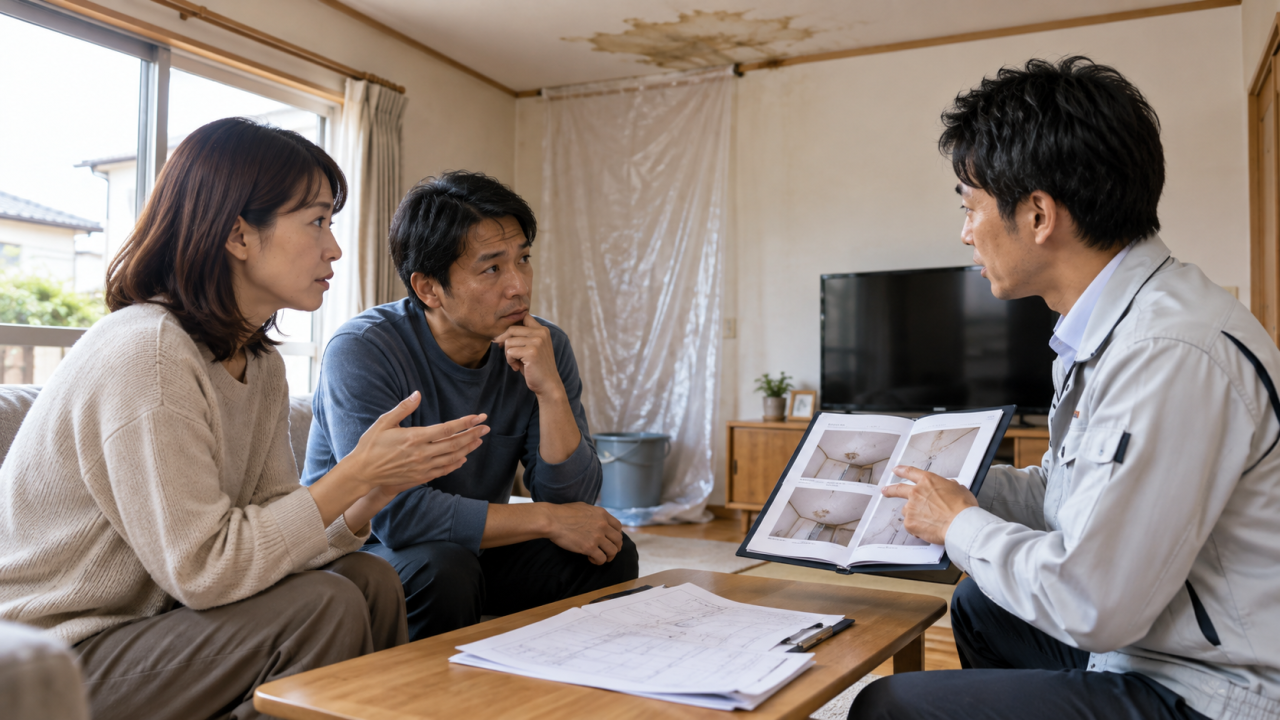 漏水後の写真を見ながら相談する住民と担当者