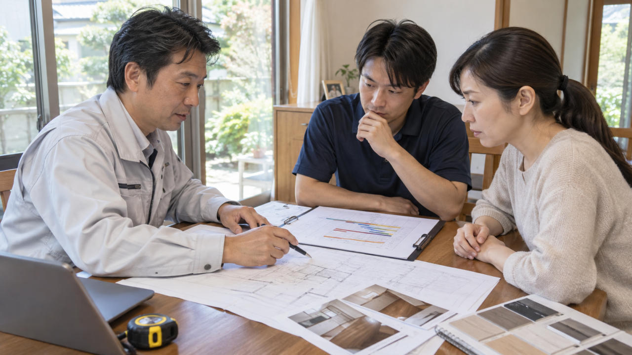 図面と工程表を住民に説明する担当者