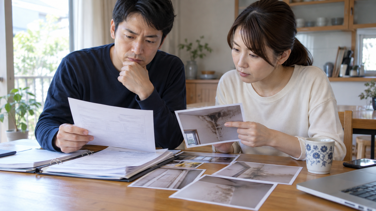 過去の修理記録と部屋の写真を確認する住民