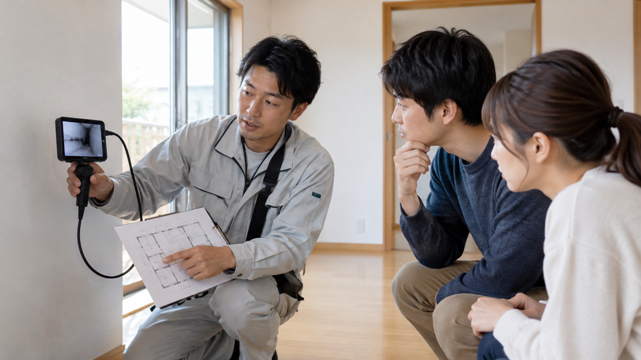 間取り図と内視鏡カメラについて説明する調査員