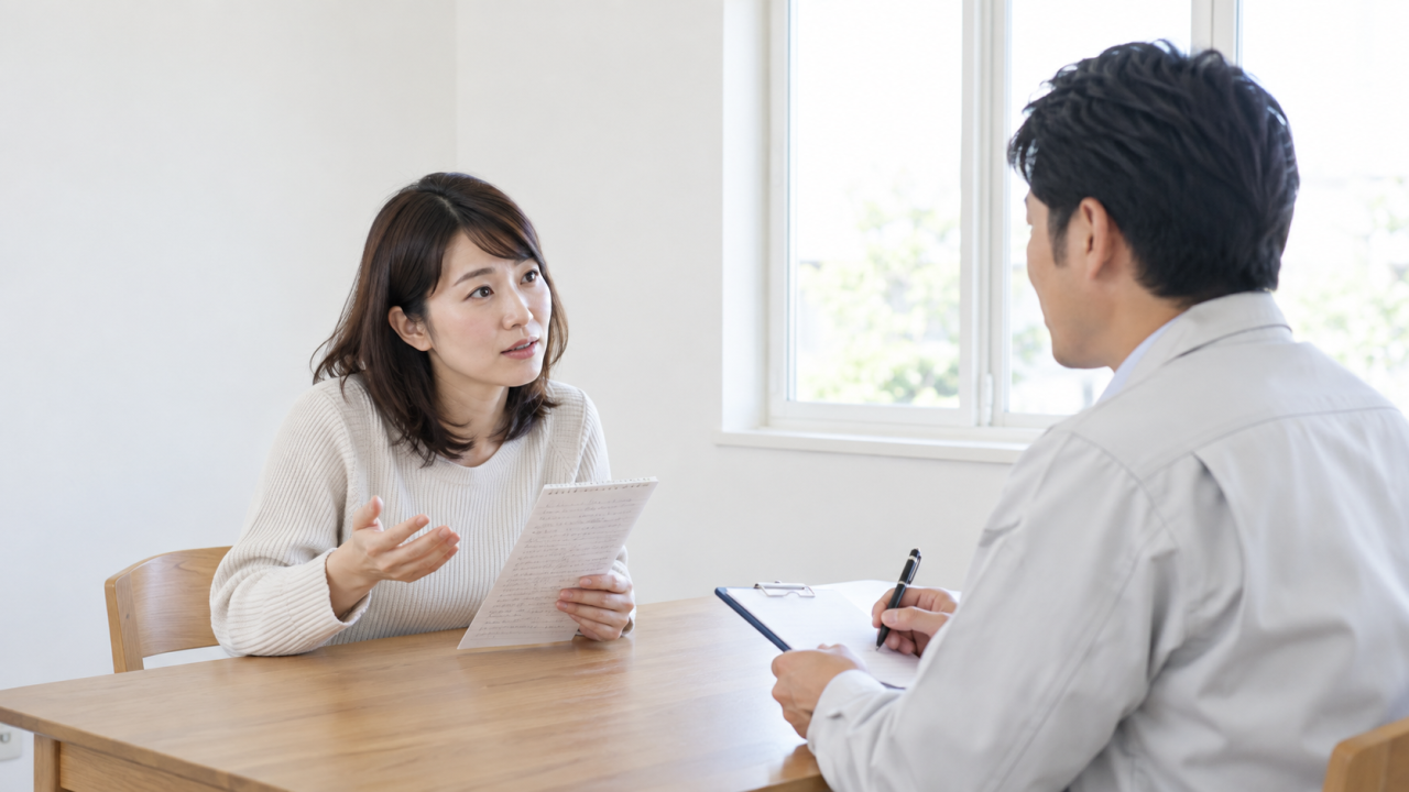 メモを持って入居前の質問を担当者へ伝える女性