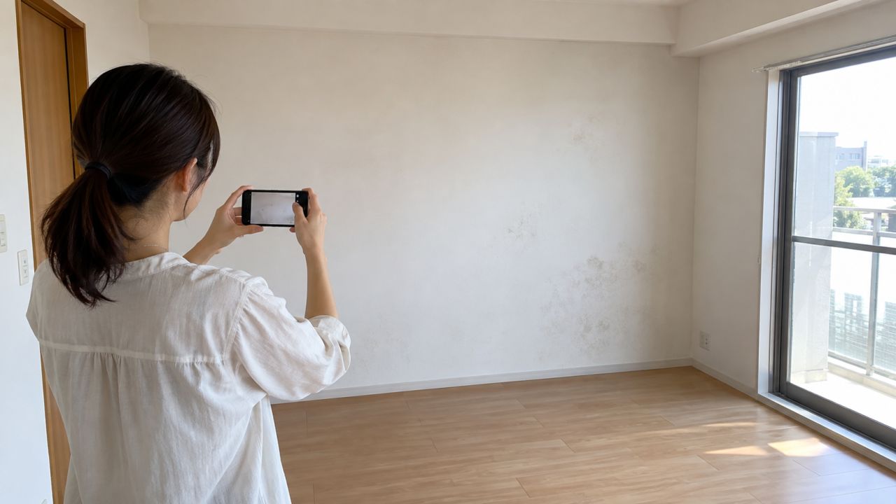 家具を搬入する前の部屋の壁を撮影する女性