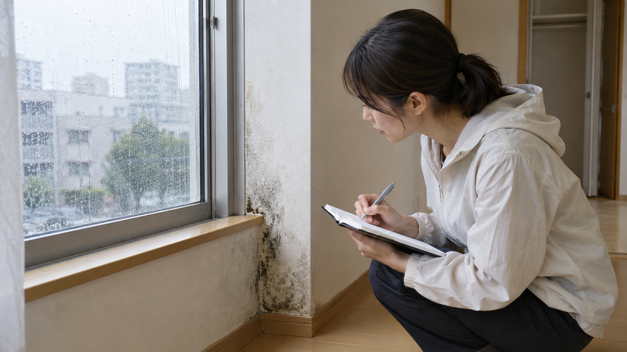 雨の日の窓際の状態をノートへ記録する女性