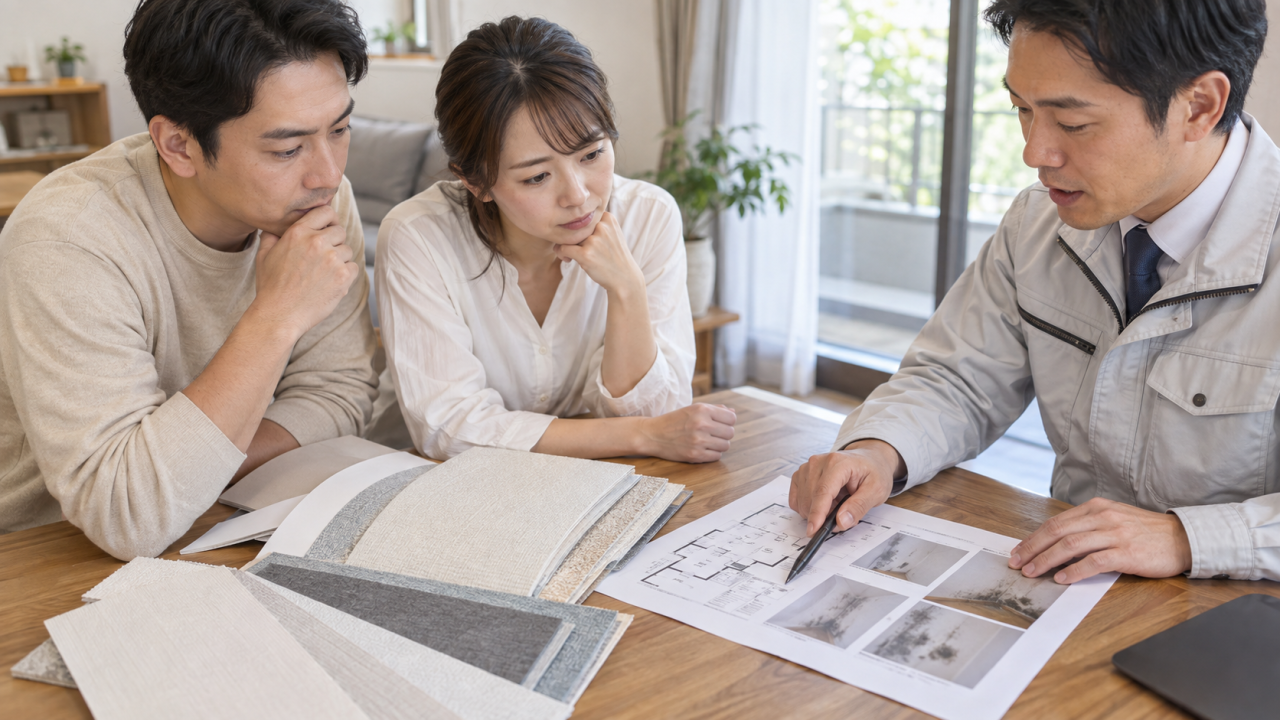 壁紙サンプルと工事の工程を相談する夫婦と担当者