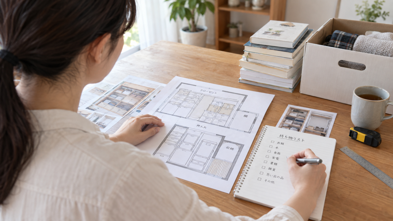 収納の見取り図と家財の一覧を作成する女性