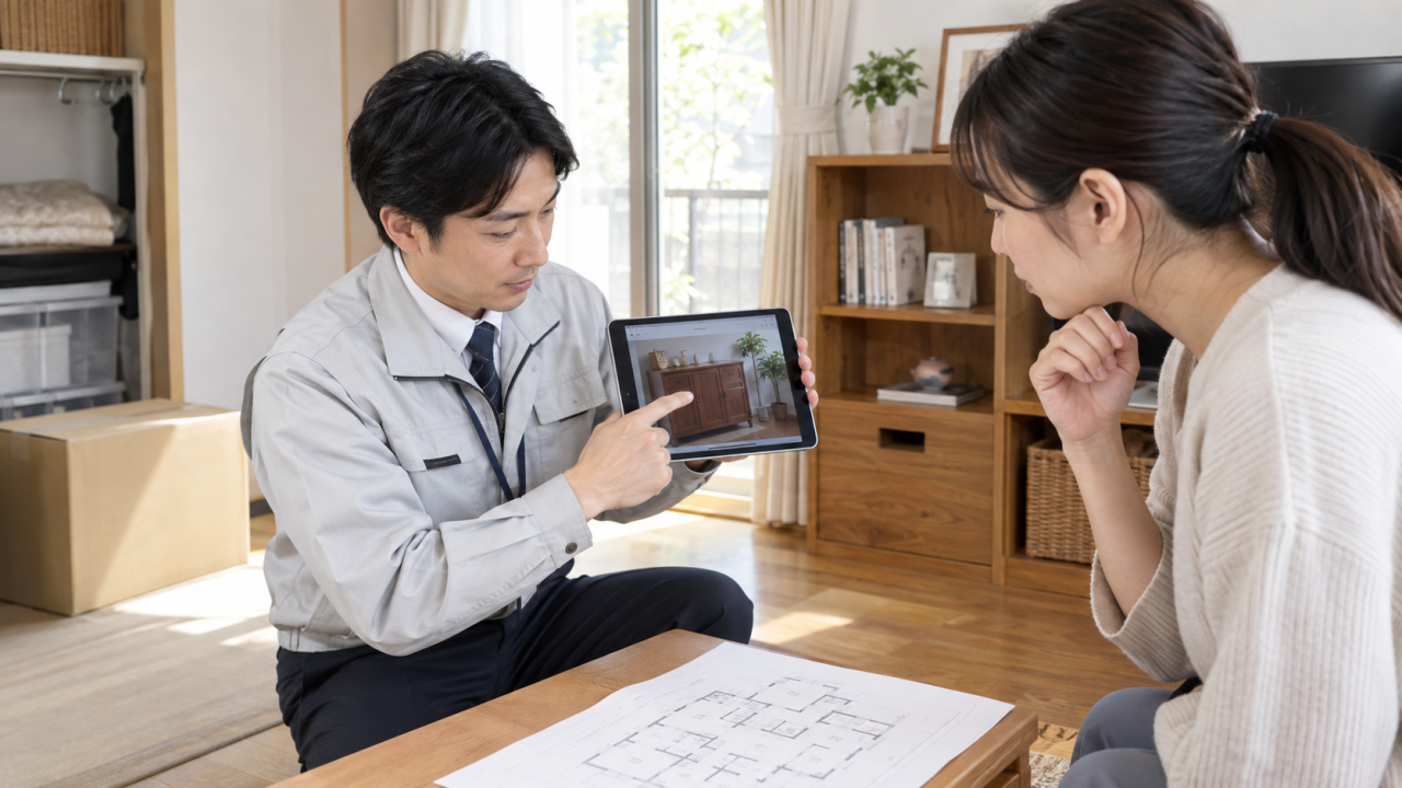 家財の写真と間取り図を使って調査対象を説明する担当者