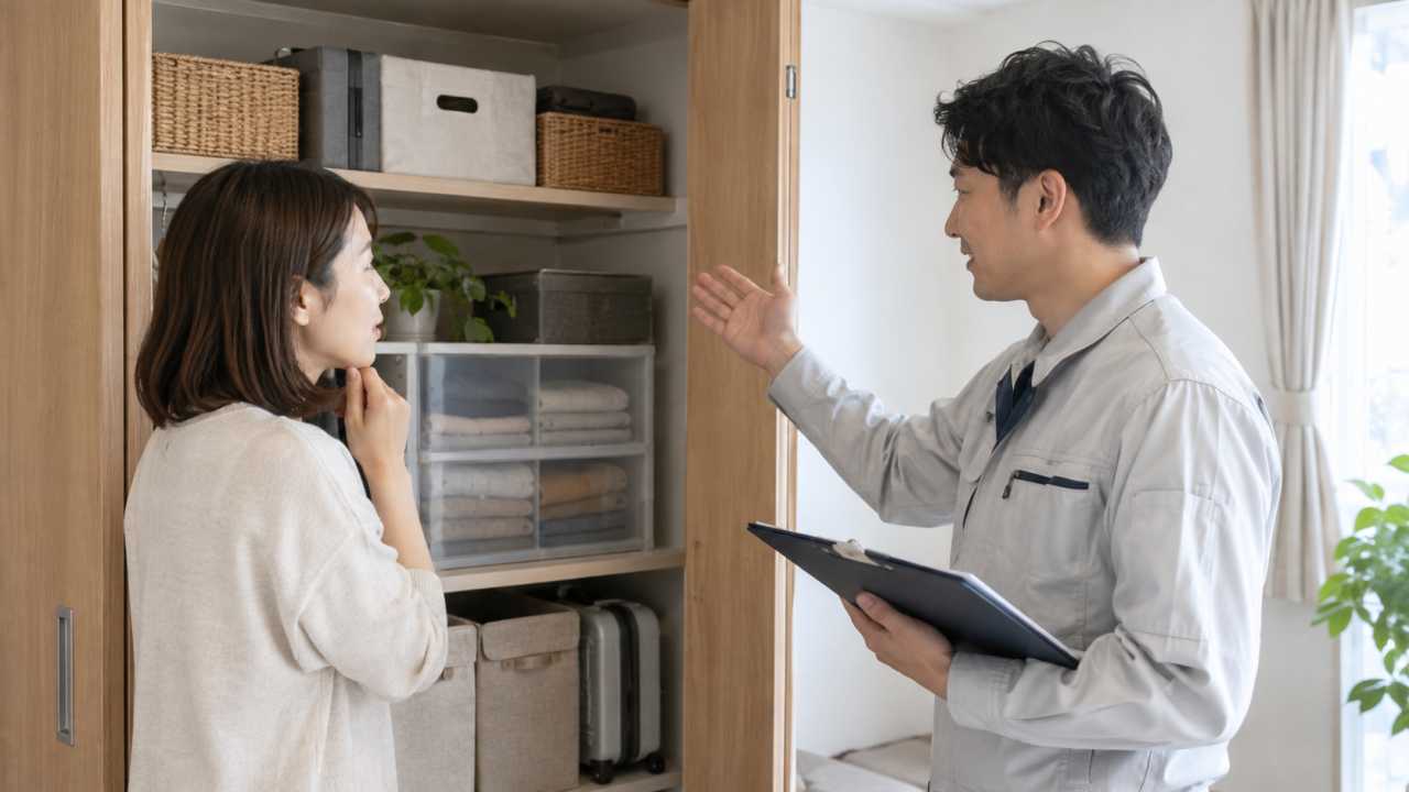 収納の前で片付け時の疑問を相談する女性