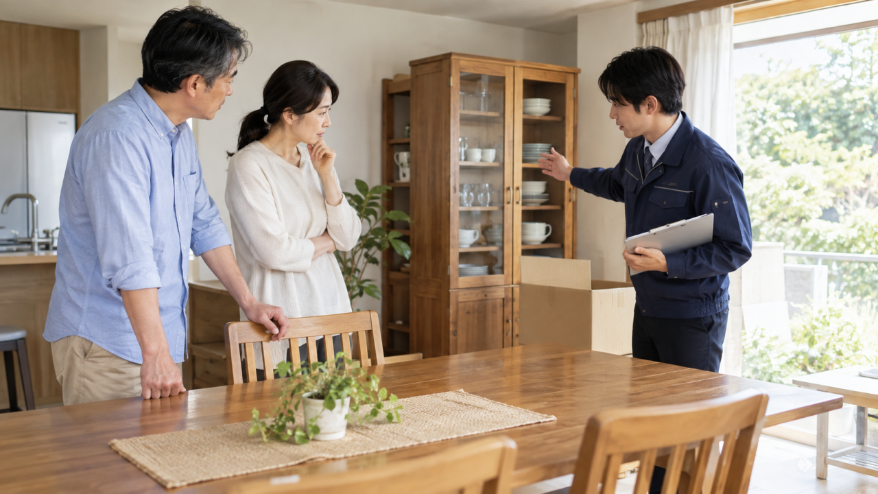 家財の移動と作業内容を相談する夫婦と担当者