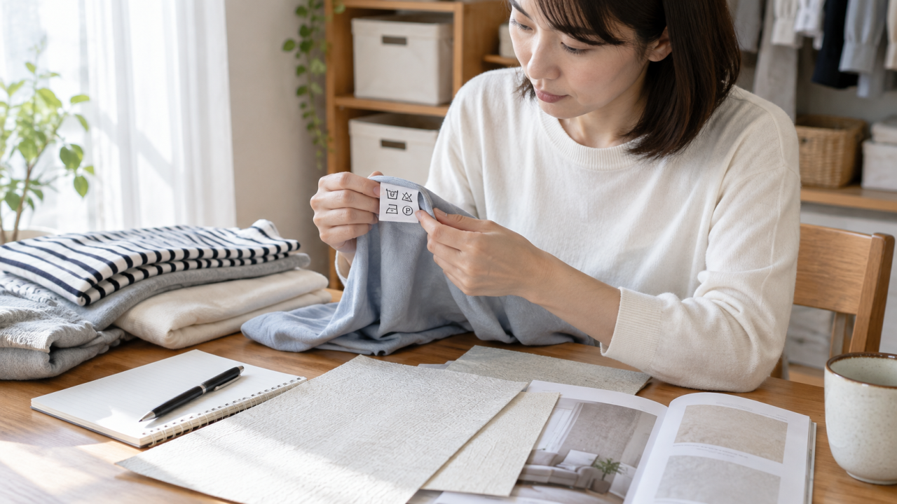 衣類の洗濯表示と壁紙の資料を確認する女性