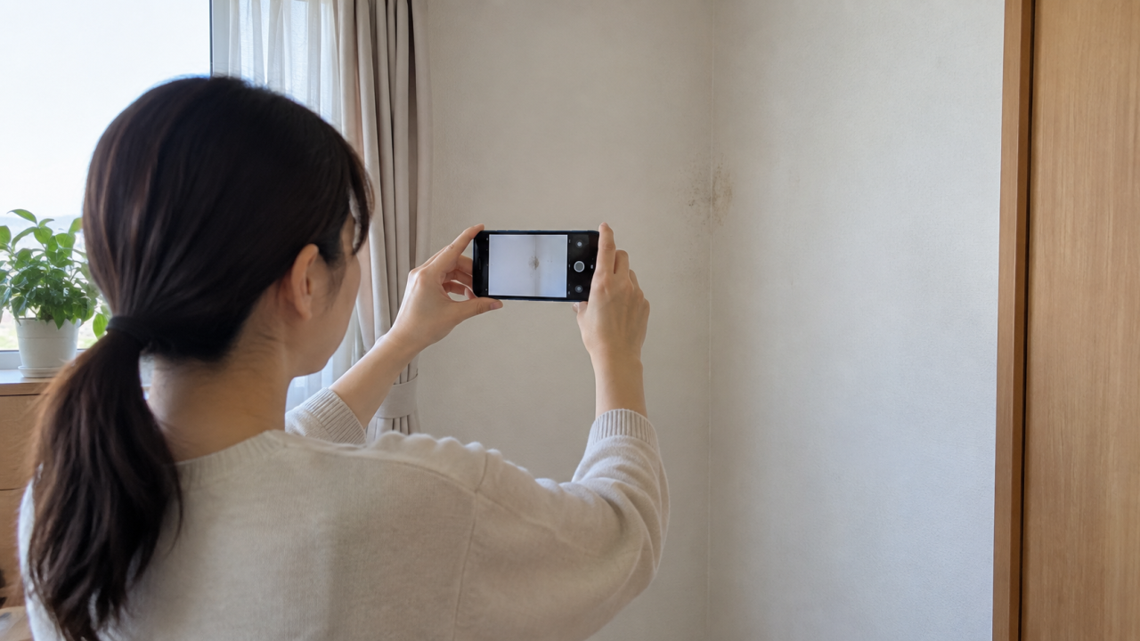 壁の変色した場所をスマートフォンで記録する女性