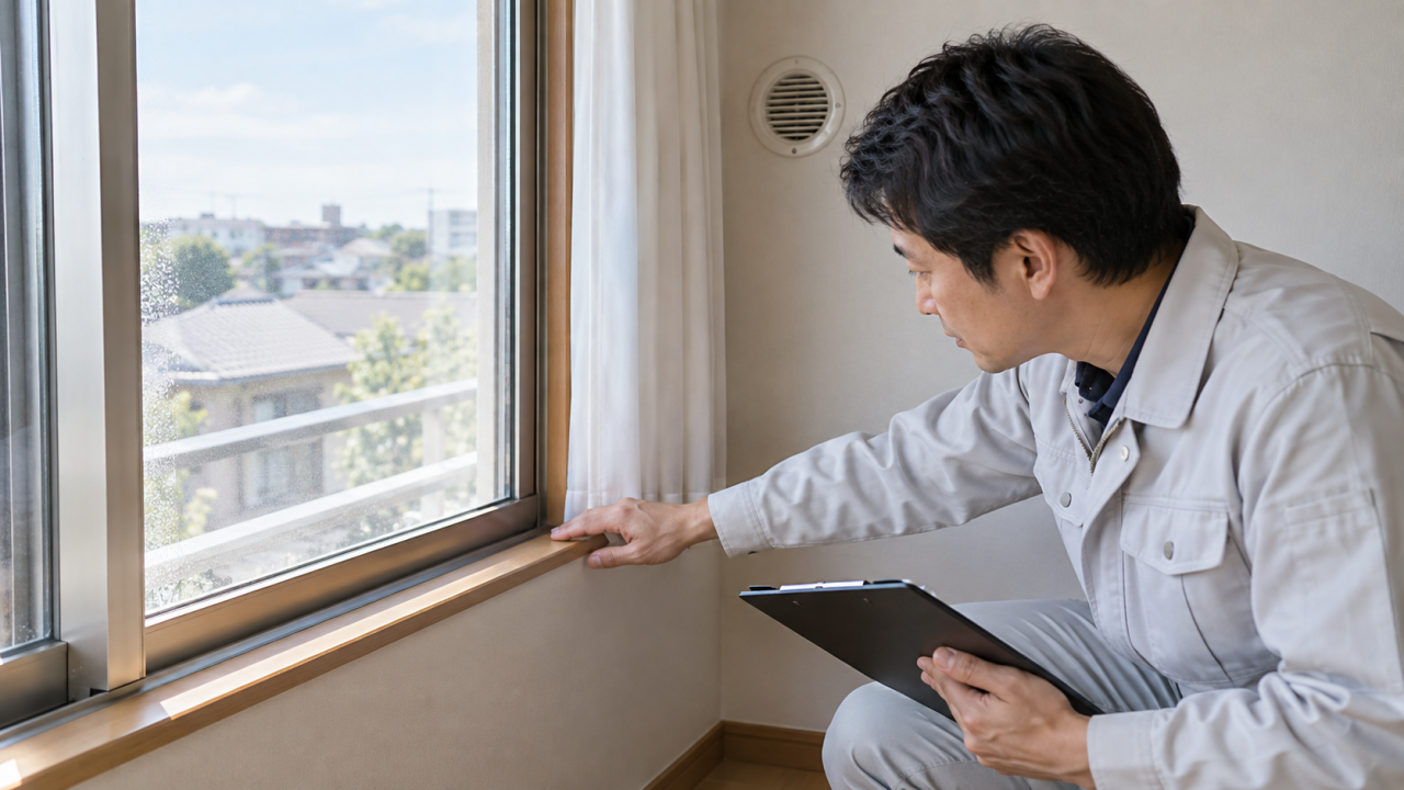 窓際と給気口の周囲を確認する担当者