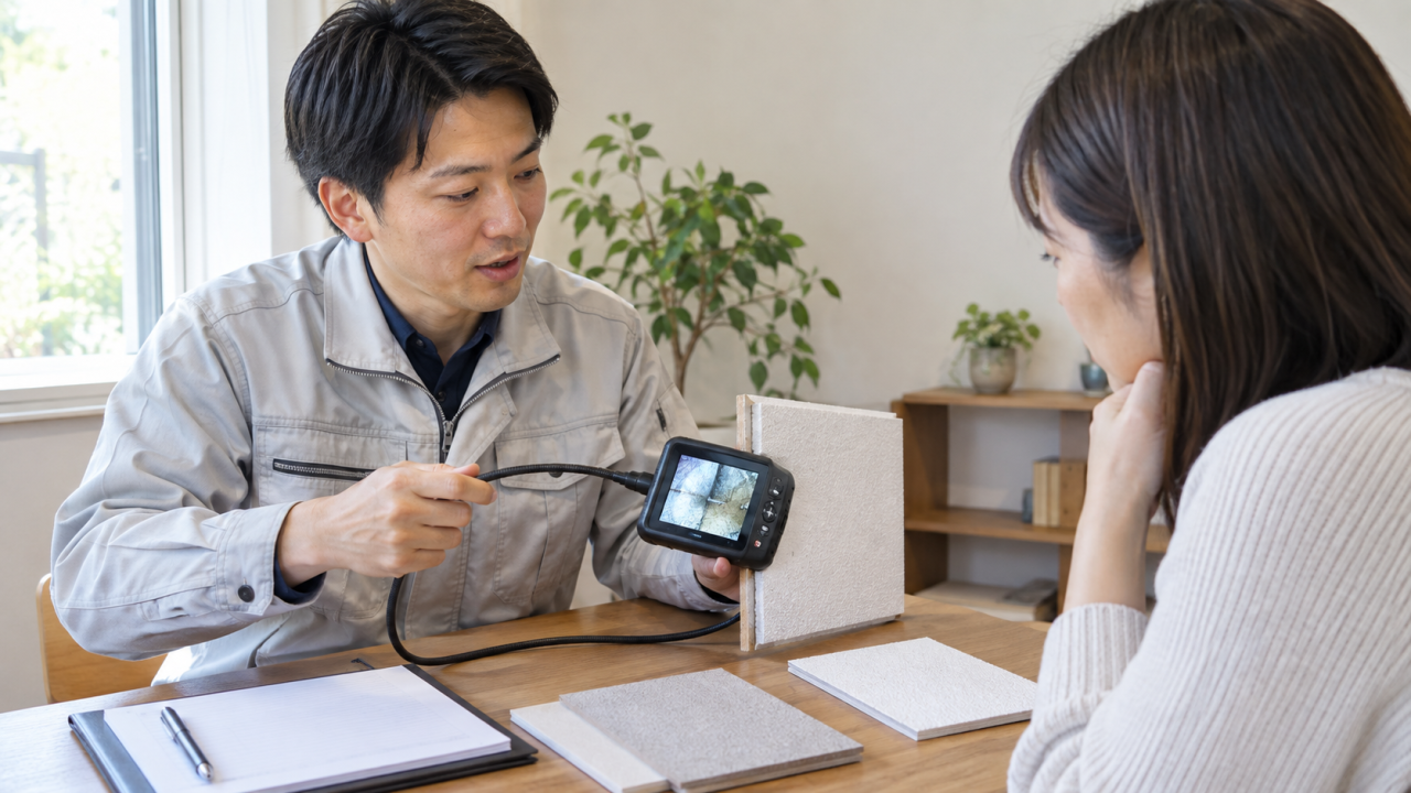 内視鏡カメラと建材サンプルを使って調査を説明する担当者