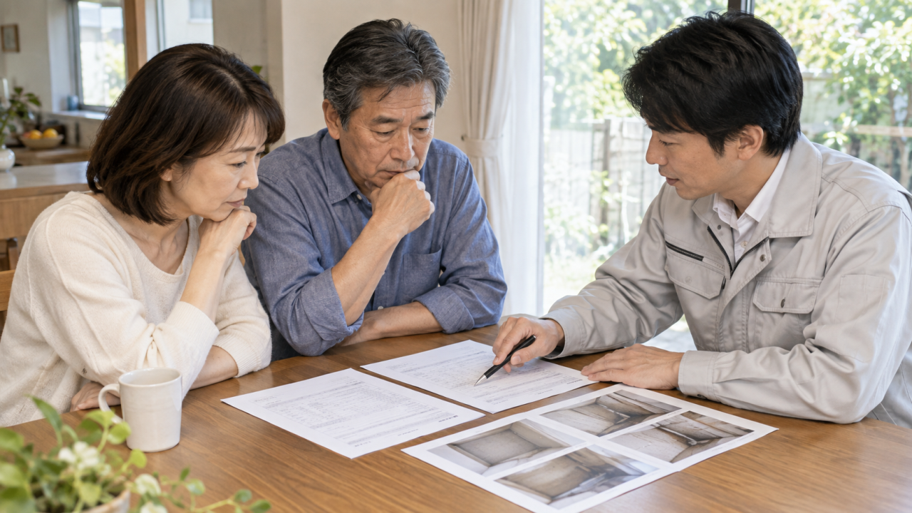 壁の写真と見積書を比較する夫婦と担当者