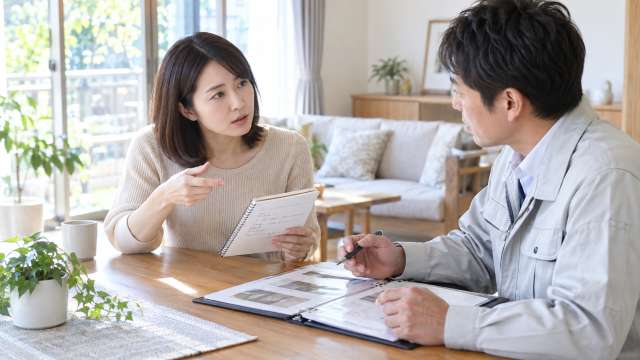 再点検についての質問をメモで相談する女性