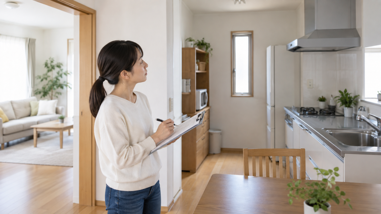 家庭で掃除する範囲を決めるチェック項目を確認する様子