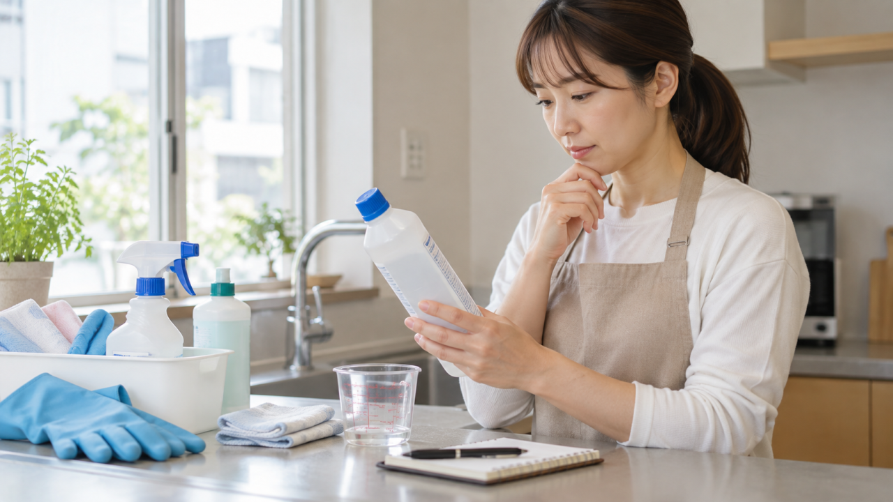洗剤を使う前の準備と混用を避ける方法を確認する様子
