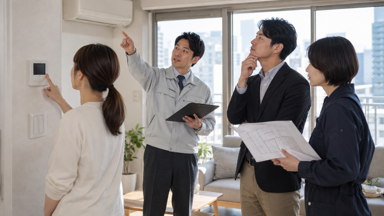 住戸内の位置と設備の運転を一緒に記録を確認する様子