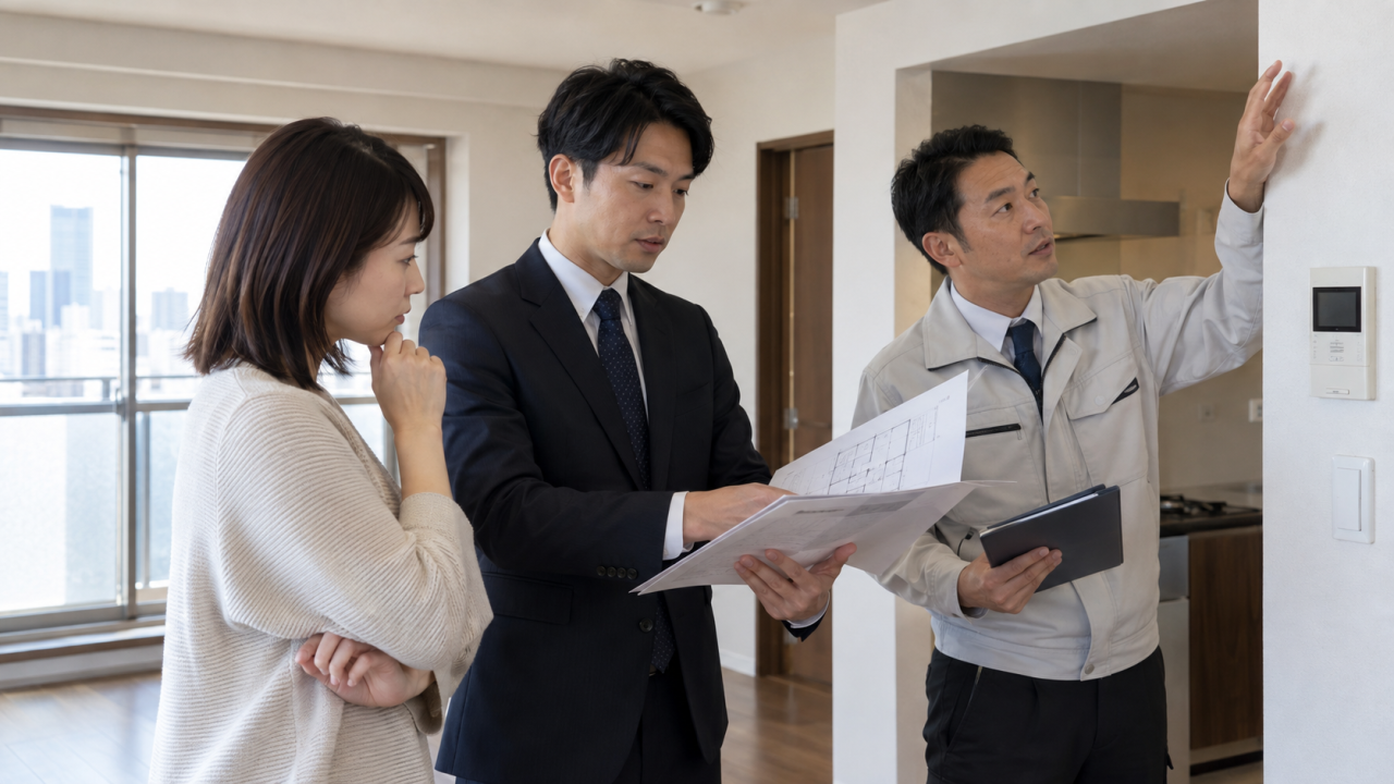 管理会社へ伝える連絡文と確認事項を確認する様子
