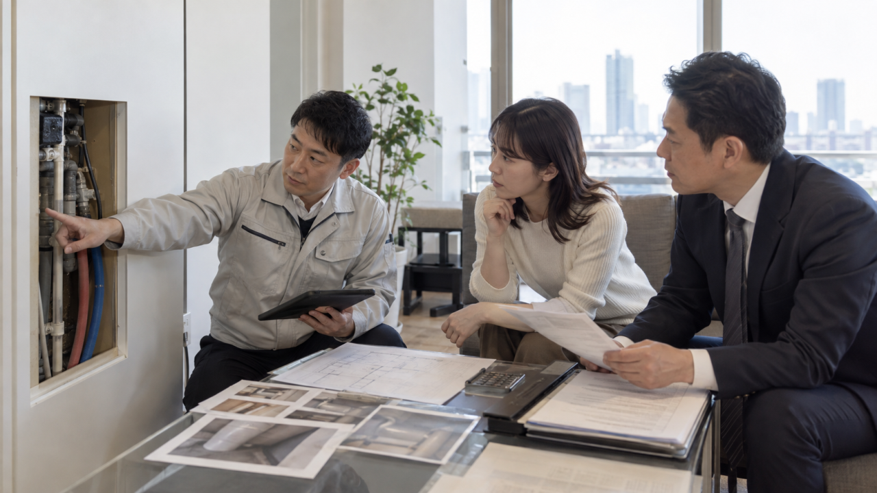 壁内や設備の追加点検は範囲と復旧を確認を確認する様子