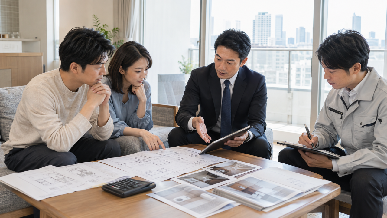 施工後の共有と相談資料のまとめ方を確認する様子