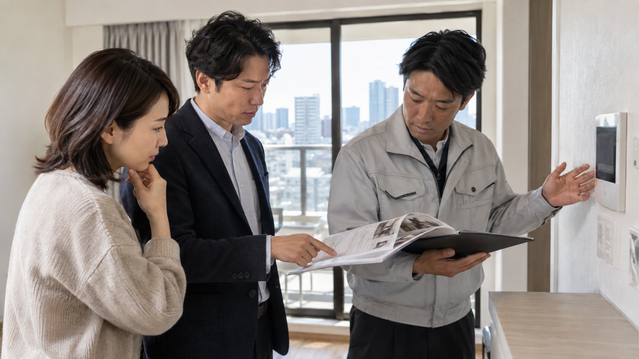 施工の見積もりと建物内の作業調整を確認する様子
