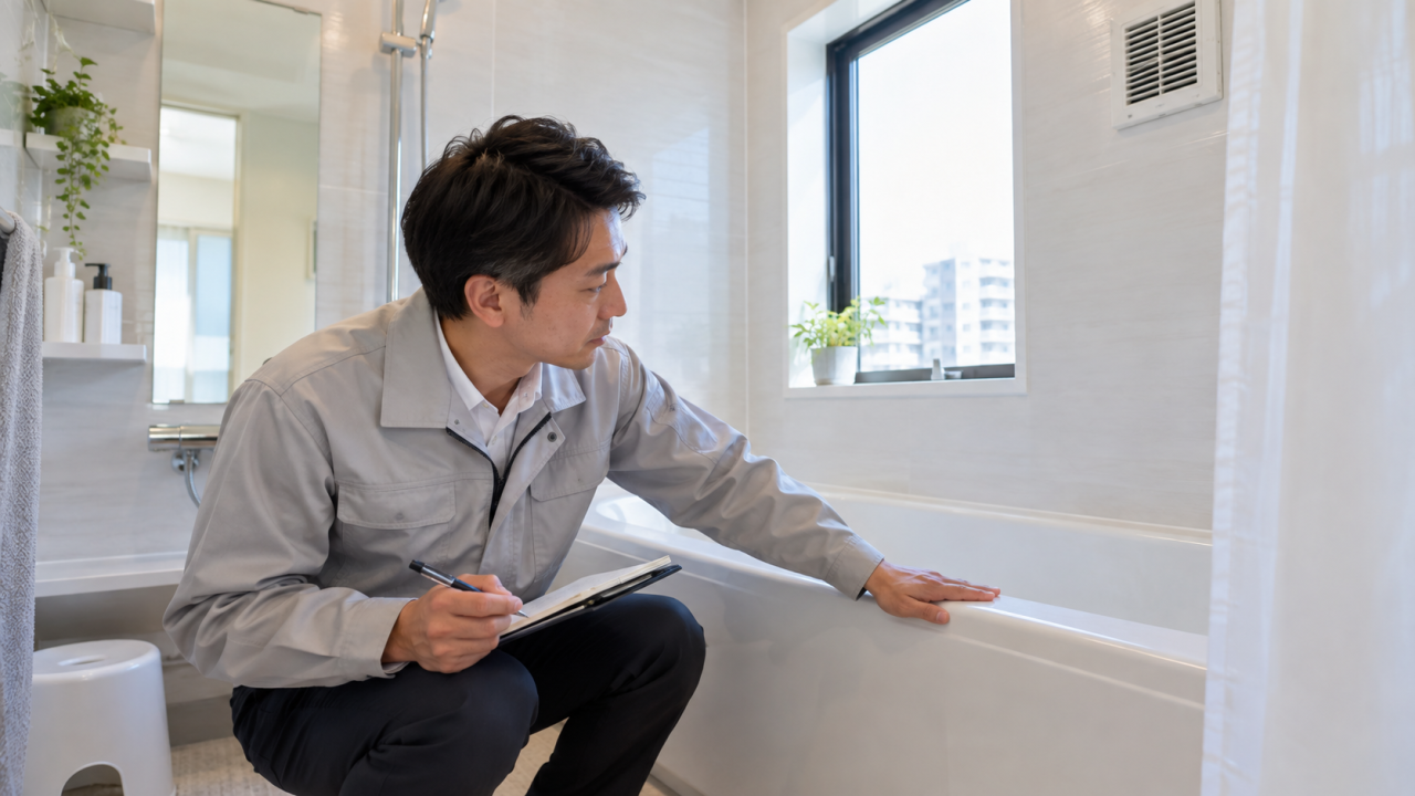 浴室の点検は使用後の汚れと水分を確認を確認する様子