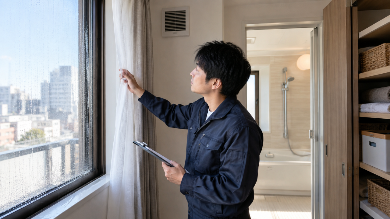 窓とカーテンは結露水が移る場所まで見るを確認する様子