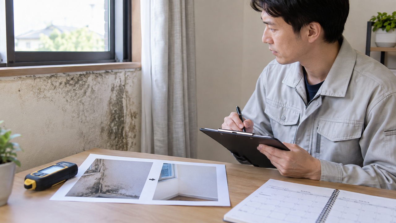 カビ取りと除去の名称より作業内容を確認を確認する様子