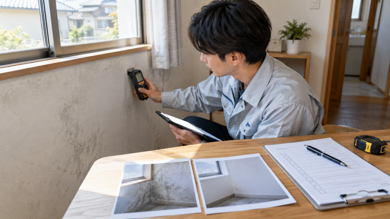 最初に止めたい水分と点検したい場所を確認する様子