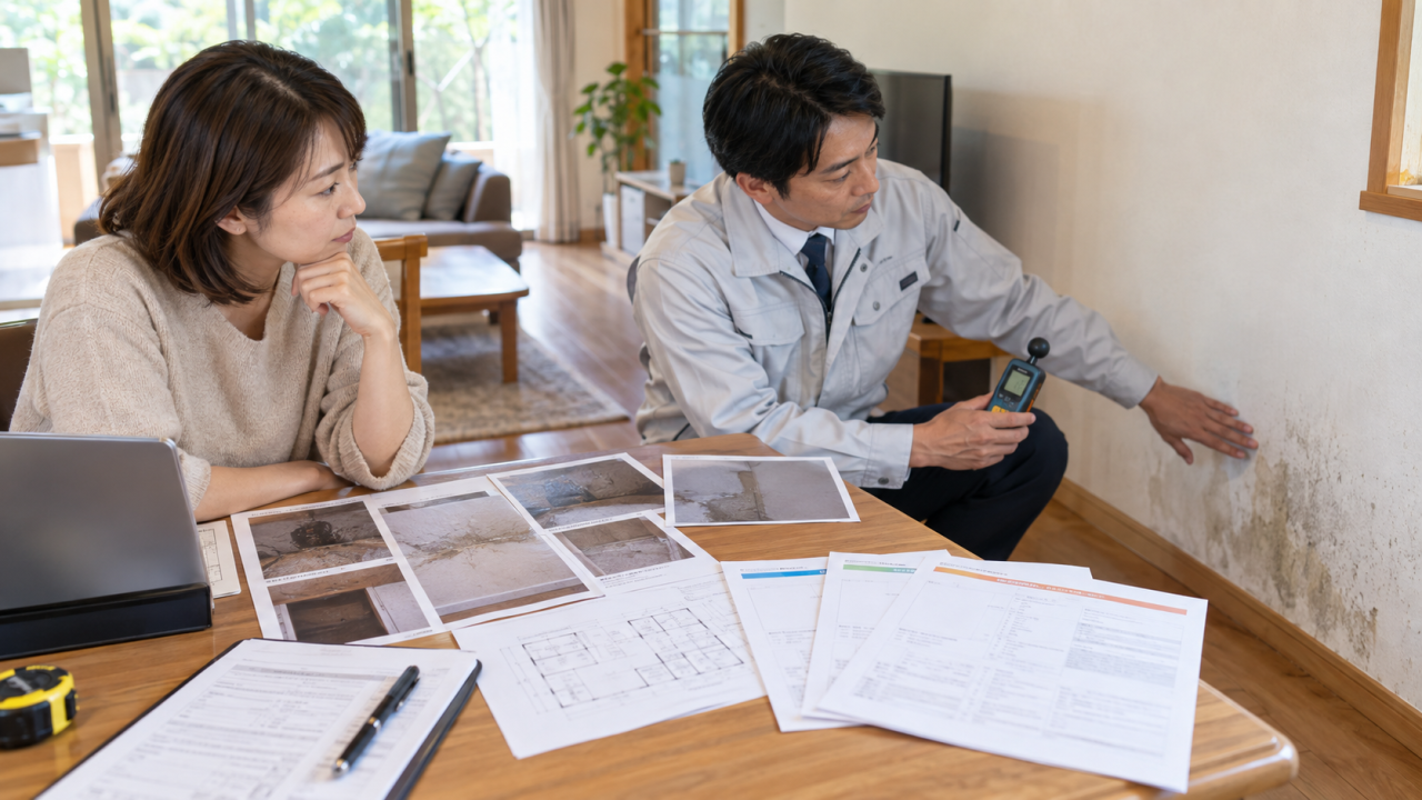 現地調査で確認する水分と見えない範囲を確認する様子