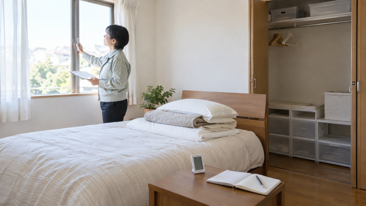 窓・寝具・収納を順に確認するを確認する様子