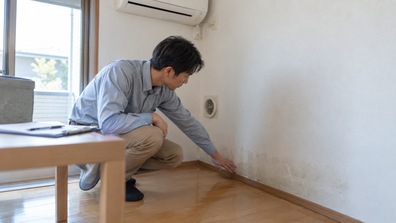 壁や床の湿りを確認する場面を確認する様子