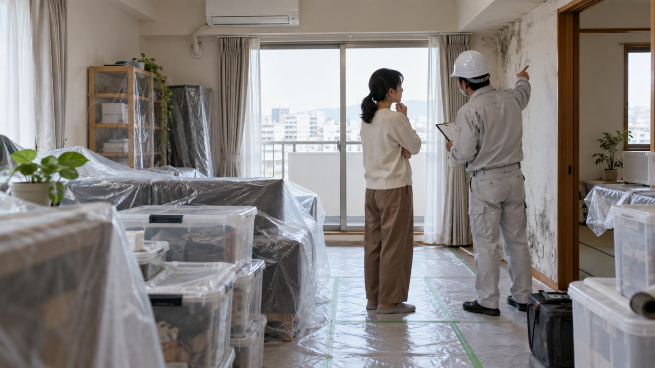 家具をまとめて施工範囲と生活動線を確保した部屋