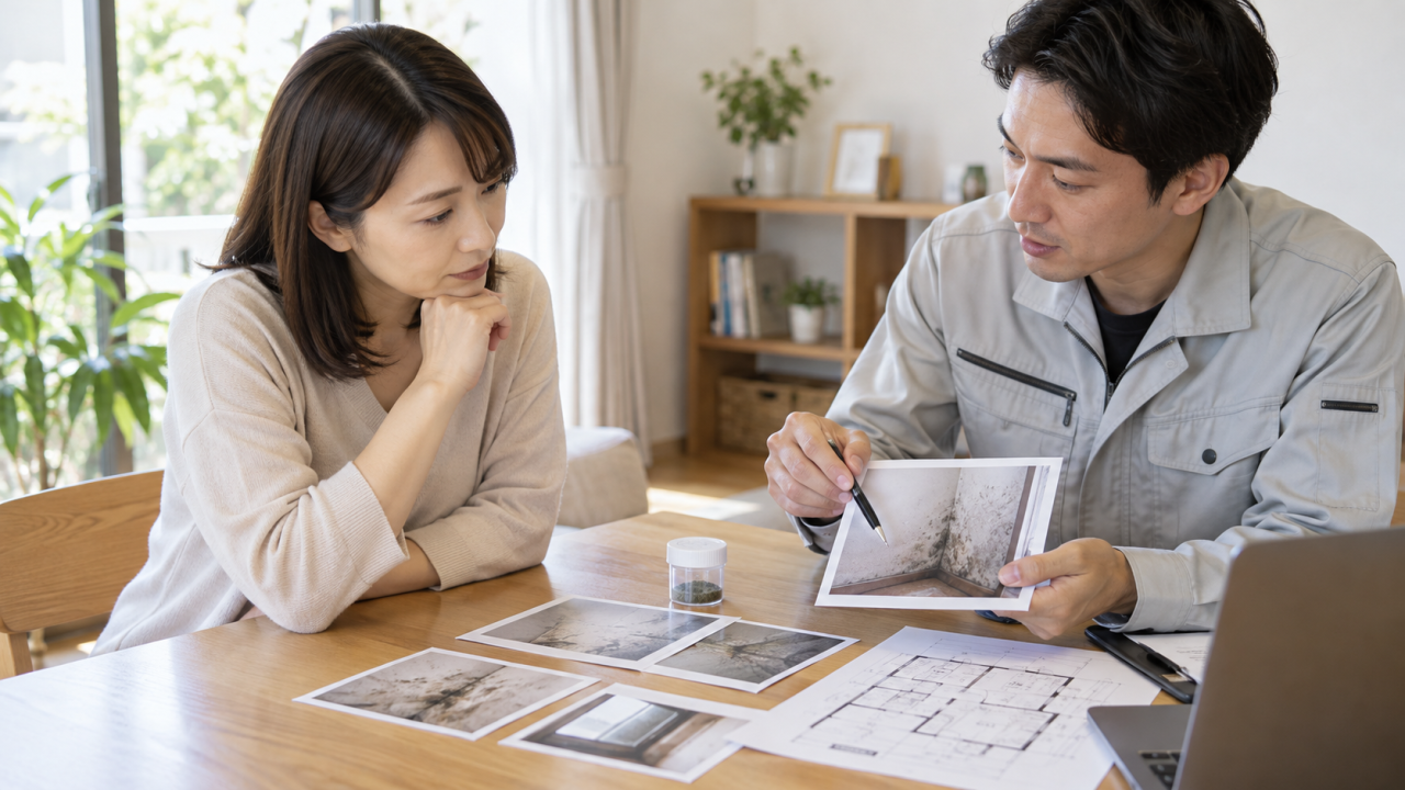 住宅カビの疑問を写真と間取りで相談する様子