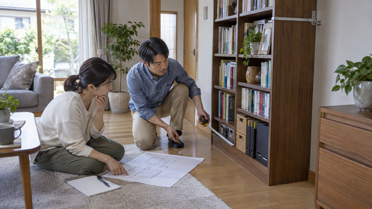 固定した本棚を動かさず点検方法を相談する様子